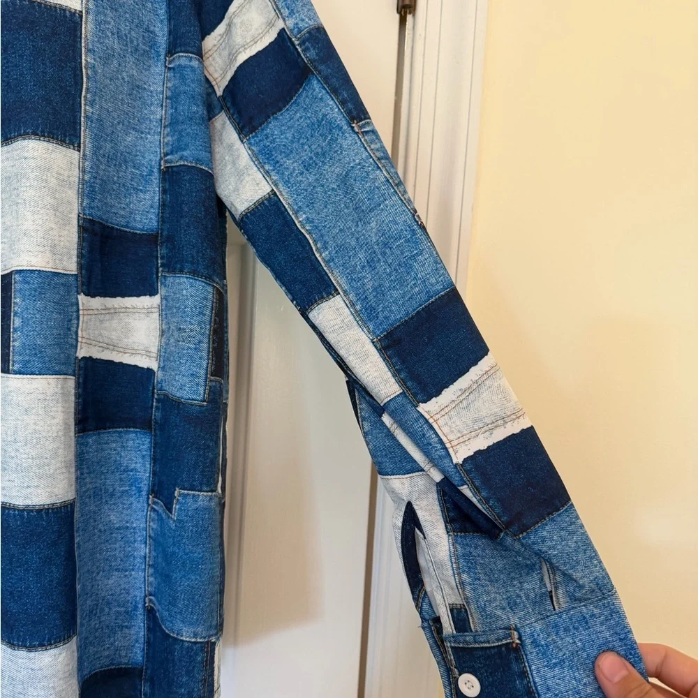 Blue and White Patchwork denim look top long sleeve button down - Picture 3 of 5